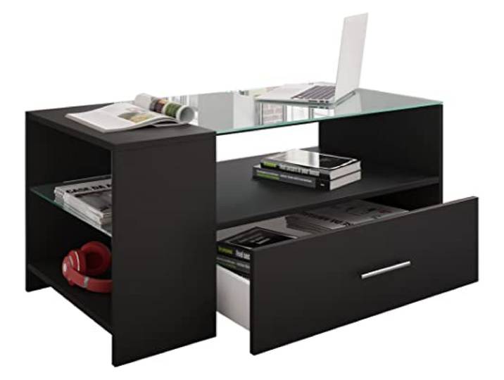 VCM Houten salontafel Sofa-tafel Woonkamertafel Bijzettafel Lade glas Tindala Houten salontafel Sofa-tafel Woonkamertafel Bijzettafel Lade glas Tindala Zwart