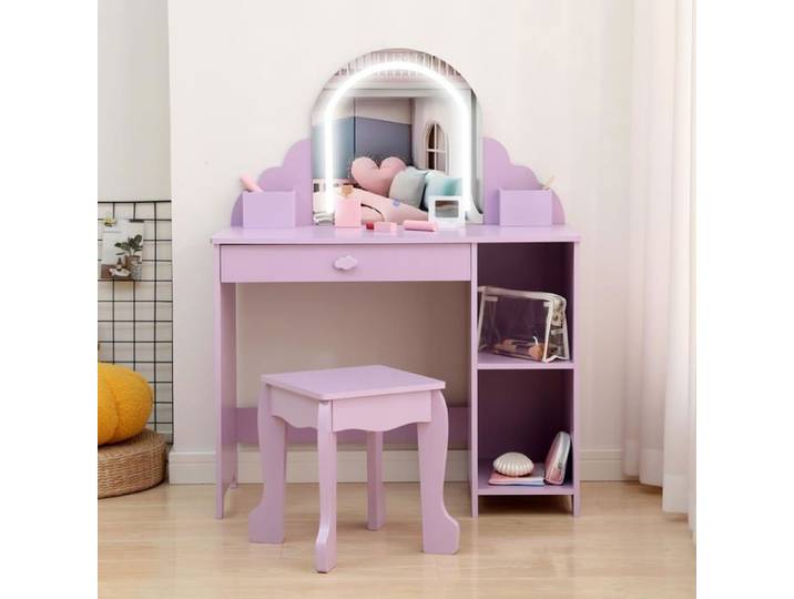 Ensemble Coiffeuse et Bureau 2-en-1pour Enfants+Miroir LED––Coiffeuse Maquillage et Table d'Étude+Tiroirs-Violet +accessoires