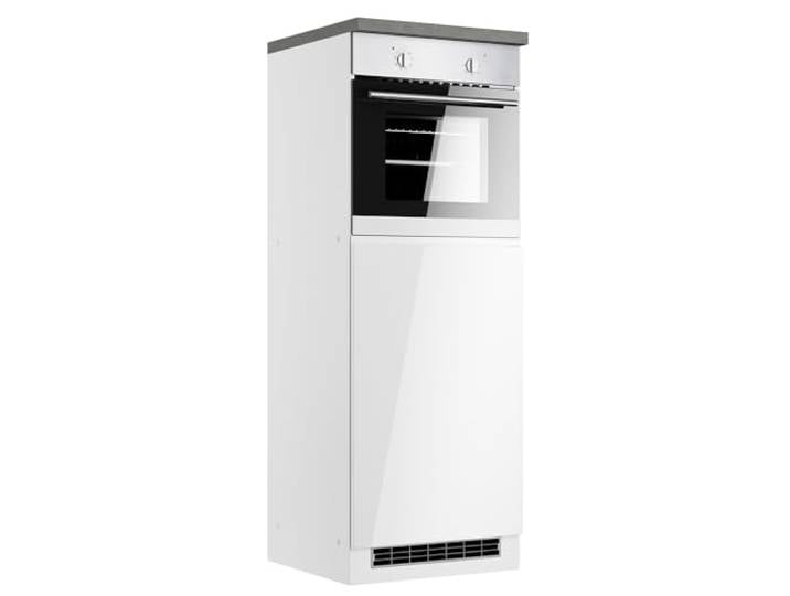 Lomadox Küchenschrank Umbauschrank für Kühlschrank und Backofen 60 cm, Hochglanz weiß, Arbeitsplatte Betonoptik