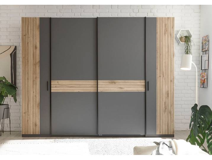 Schlafkontor Kleiderschrank Daria Drehtürenschrank, Schwebetürenschrank, Schiebetürenschrank Absetzung in Viking Oak heller Rillenoptik