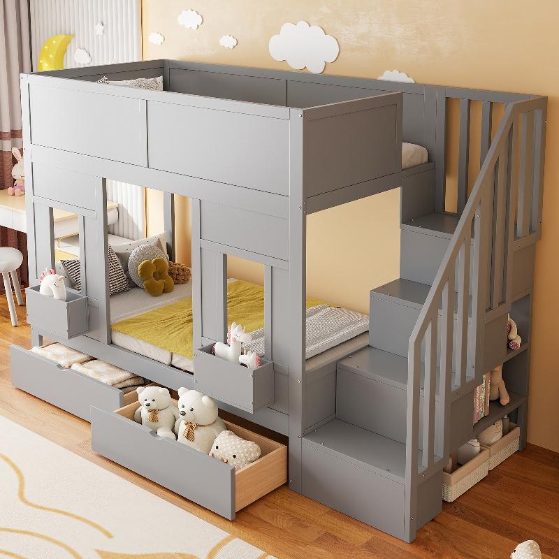 Kinder Etagenbett 90x200cm mit Stauraumtreppe und Schubladen, Holz Hochbett mit Fensterdesign und Sicherheitsgeländer für Kinderzimmer