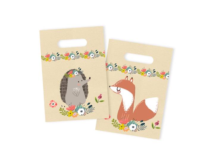6er-Set Geschenktüten Igel und Fuchs, Süssigkeiten Taschen mit Henkel, 23 cm