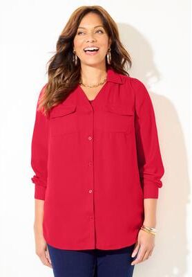 Plus Size Women's Modern Camp Shirt by Catherines in Vivid Red (Size 4X)