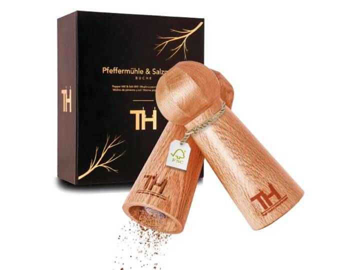 Thiru Profi Salz und Pfeffermühle Set - patentiertes Keramikmahlwerk - inkl. Untersetzer & Reinigungspinsel - Eiche Massivholz groß
