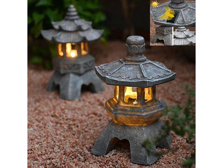 Lanterne de jardin solaire chinoise, décoration zen, ornements solaires, lanterne de pagode en pierre pour cour.
