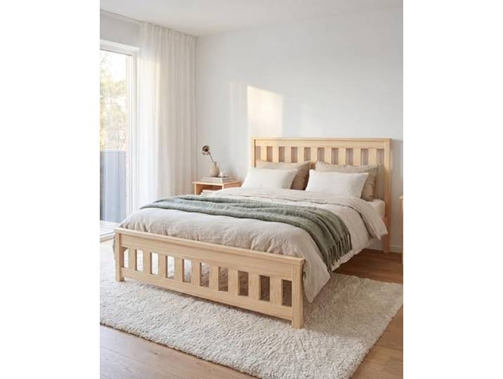 EcoBeds ADA Holzbett 120x200 cm Kiefer Massivholz bis 200 kg Natur Lackiert - Französisches Bett, Bettgestell mit Lattenrost und Stauraum, für Erwachsene, robust, einfache Montage