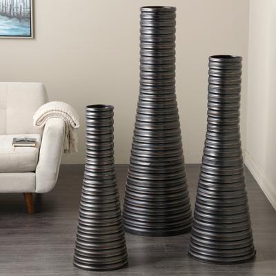 ARCILLA ELEMENTAL Bronze Metal Ribbed Tall Cone Floor Decorative Vase with Horizontal Grooves (Set of 3)