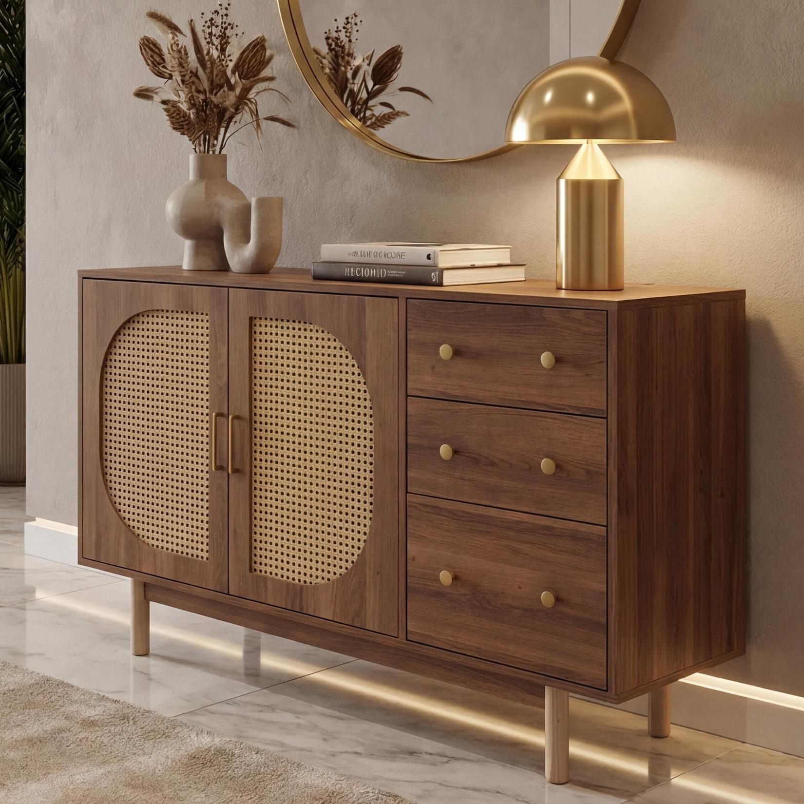 Sideboard MCW-P52, Schrank Kommode Highboard, Schubladen Staufächer, Poly-Rattan MDF Melamin 80x120x40cm ~ braun