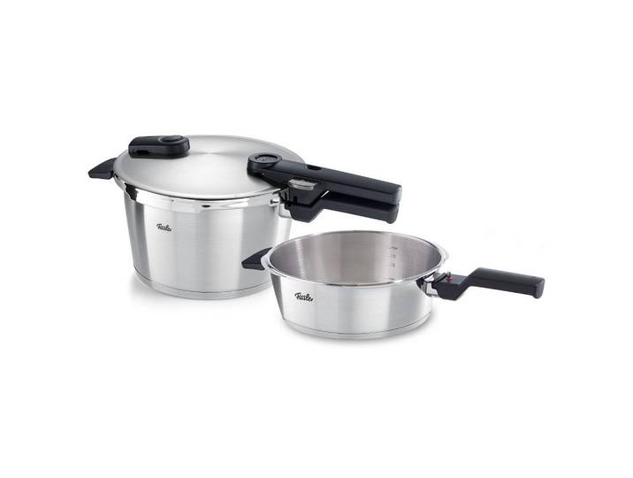 Fissler Schnellkochtopfset Vitaquick® Premium satiniert, Silber, Metall, 2-teilig, 4,5 und 2,5 L, Made in Germany, abnehmbare Griffe, Druckregelventil, Sicherheitsverschluss, Kochen, Töpfe, Schnellkochtöpfe