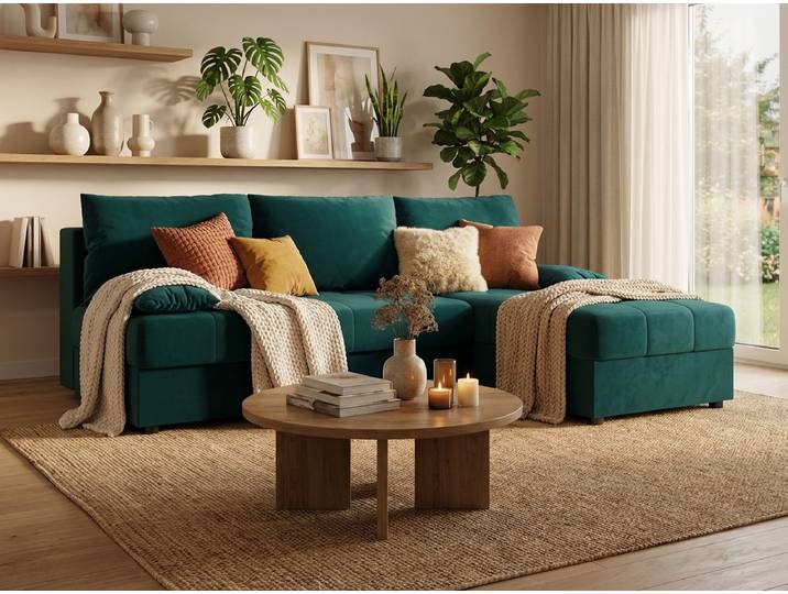 Ausziehbares Ecksofa VENORIA SLIM 200x143 cm, petrol, beidseitig montierbar + 2 Kissen GRATIS