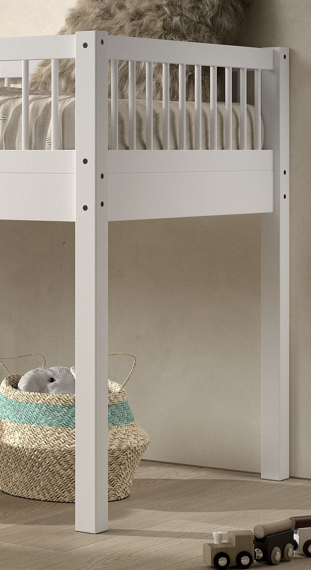 Spielbett VIPACK, weiss (buche massiv weiß), B:135,5cm H:114cm L:207,5cm, Betten, Spielbett, aus massiver Eiche geölt, LF 90x2000cm, RR, Leiter u. Absturzschutz buche massiv weiß Liegefläche Länge B: 200cm x 90cm, Höhe Bett: 114cm Höhe Liegefläche: 81,5, 