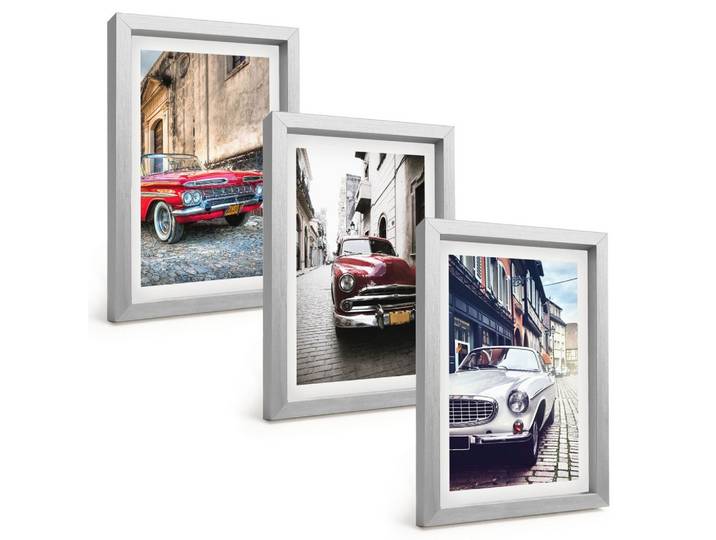 BILDER SET 3er Set - 20x30 cm Silberner Rahmen - Oldtimer in Städten