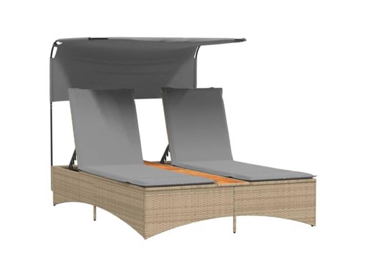 MNCVXAXG Doppelliege mit Himmel und Kissen, beige, Polyrattan-Mischung PE-Rattan, pulverbeschichteter Stahl, Akazien-Massivholz, Holz-Mittelplatten, UV-beständig,