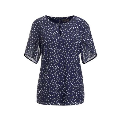 Kurzarmbluse GOLDNER "Kurzgröße Chiffonbluse Damen mit Tupfen-Alloverprint und Rundhalsausschnitt", Damen, Gr. 21, blau (marine, gemustert), Obermaterial: 100% Polyester PES., gerade, Gerade, Blusen, Tupfen-Druck