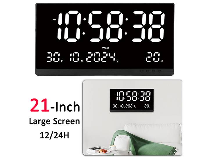 Grande horloge murale numérique de 21 pouces, alimentée par USB, calendrier du temps, 12/24 heures, jour, mois, année, affichage de la température, réveil électronique LED