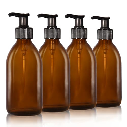 Oputec Set van 4 Amberglazen Zeepdispensers met Pompen en Etiketten, 4 x 250 ml