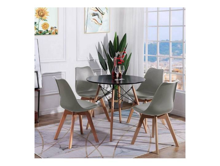LuxusKollektion Esstisch Esszimmermöbel Set Esstisch rund Schwarzer MDF-Tisch 4 Gris Chaises (1-St)