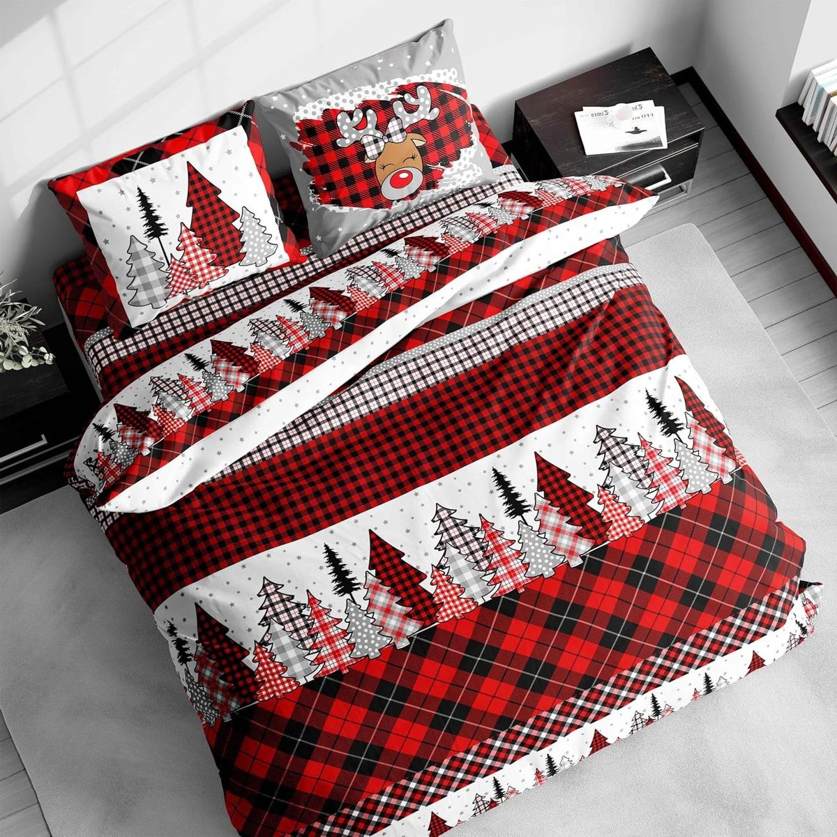 Dekbedovertrek Set Rood Zwart - Katoenen Dekbedhoes - 250 x 200 cm