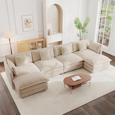 Loedds Chenille U-Shaped Modular Sectional Sofa with Ottoman & Wood Frame