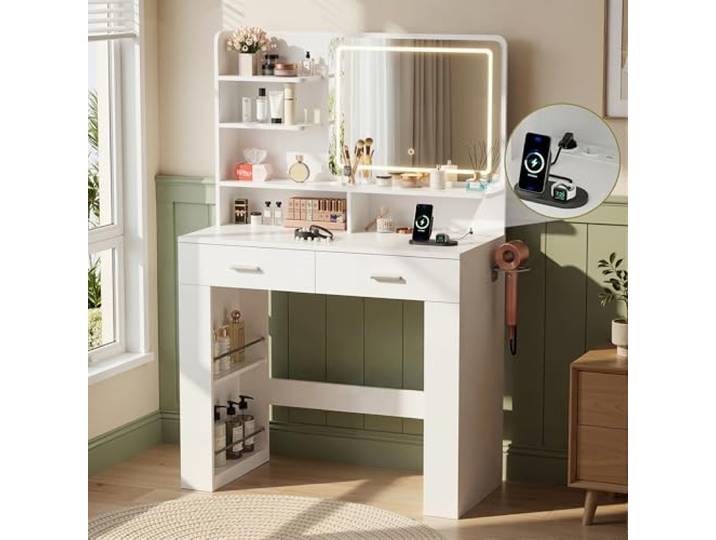 BonVache Schminktisch mit LED‑Spiegel & Steckdose für Schlafzimmer, Weiß Einstellbare Helligkeit & 3 Farbtemperaturen, 2 Schubladen, 5 Ablagen, 4 seitliche Ablagen, Makeup‑Tisch für Schlafzimmer