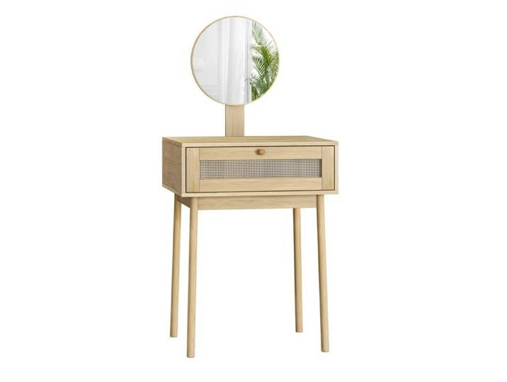 Coiffeuse bohème avec miroir rond et tiroir finition chêne compacte pour chambre