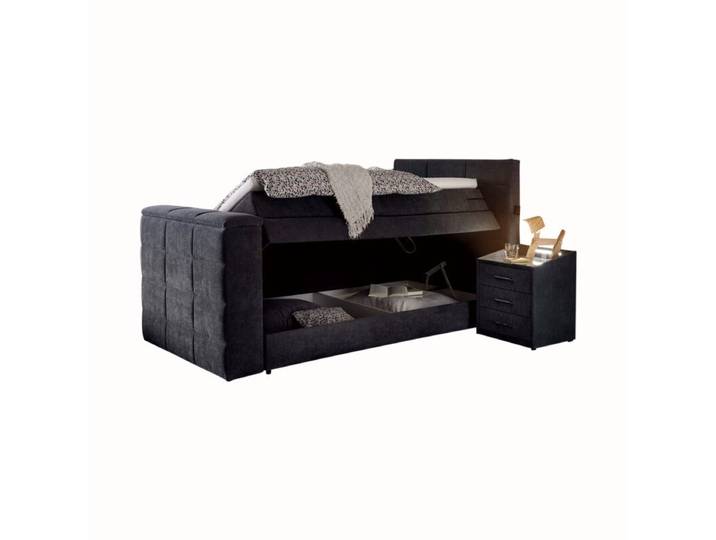 Trendstore Benni Boxspringbett mit Motor, TV-Halterung und Bettkasten - Microvelours Uran 04 anthrazit - 120 x 200 - Bettkasten und TV-Halterung perfekte Mischung aus Design und Funktionen, bis 40 Zoll TV geeignet, schlafen wie im Hotel, zwei Größen, fünf Farben, Einzel- oder Doppelbett Modern