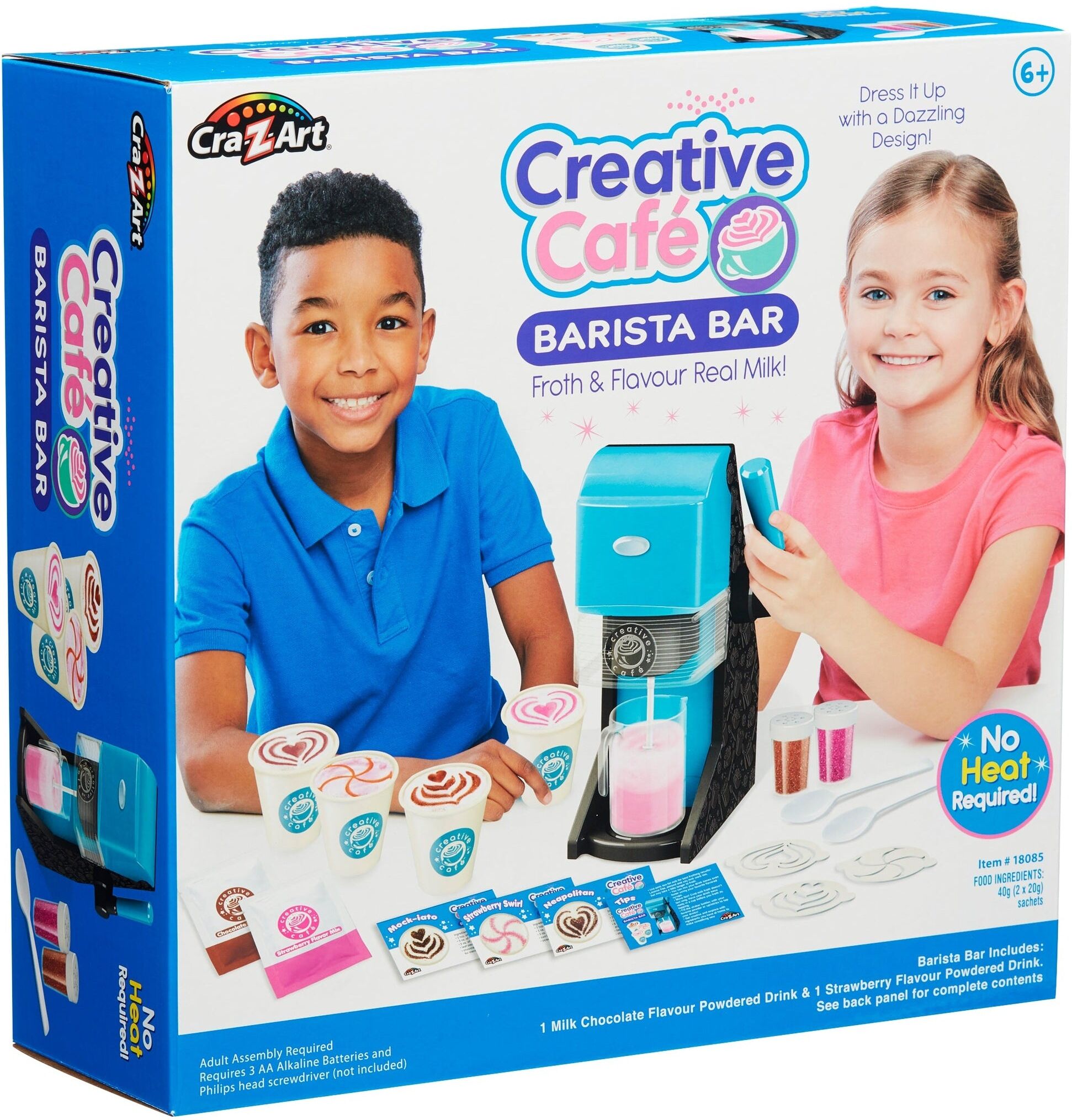 Cra-Z-Art Creative Café Barista Bar Toy Set for Kids - Includes Flavour Powders, Frothing Pitcher & Stencils - Battery-Powered Whisk - Age 3+