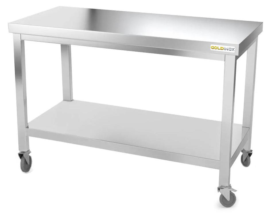 Arbeitstisch aus Edelstahl, 1400 x 600 mm, auf Rollen, - GOLDINOX