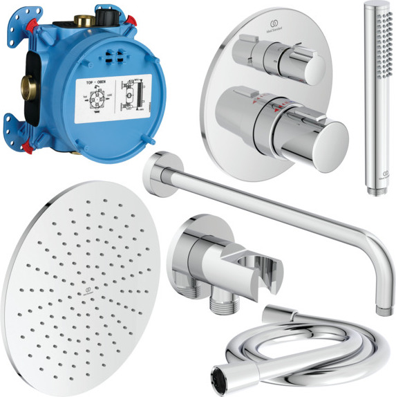 Ideal Standard Armaturen-Paket Ceratherm T100 A7573AA Chrom (Enthält Brausehalter, Stick-Handbrause, Kopfbrauseanschluss, Ceratherm C100 Badethermostat Unterputz, Kopfbrause 300x300mm, Brauseschlauch 1750mm, EASY-Box Unterputzkörper)