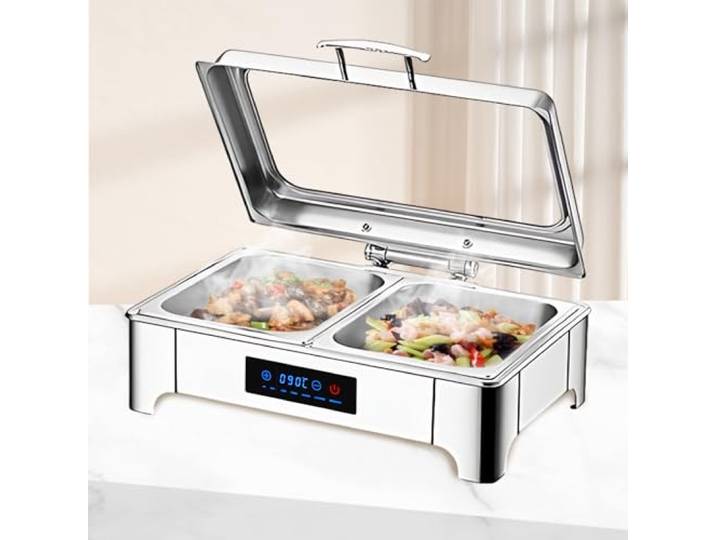 BOVDC Elektrische Chafing Dish Glasdeckel, 9L Edelstahl(B,1/2 Pan) Speisewärmer Buffetwärmer Einstellbare Temperatur, Warmhaltebehälter Essen Elektrisch mit Soft-Close-Glasdeckel
