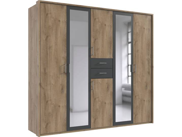 Kleiderschrank WIMEX Diver Drehtürenschrank mit Spiegel, in der Breite: 225cm , grau (plankeneichefb, graphit, griffe alu), B:225cm H:207cm T:58cm, Schränke, Kleiderschrank, Bestseller Schlafzimmerschrank wahlweise 3 Innenausstattungen