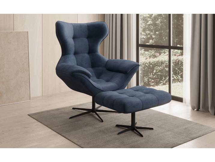 Designer Sofa-Sessel Aurelio inkl. Beistellhocker in Samt - Blau - Samt - Luxusbetten24