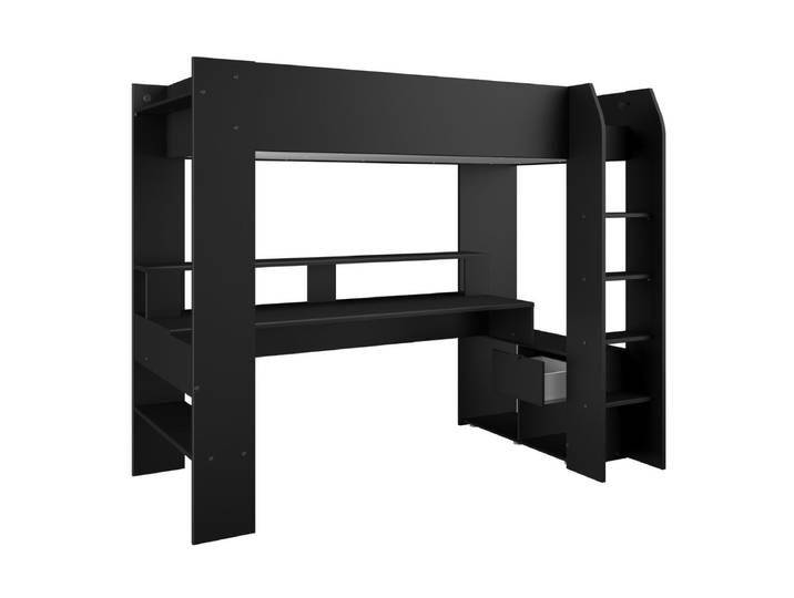 Lit Surélevé 90x200 Noir Avec Étagères Et Bureau Gaming + Leds - Playit