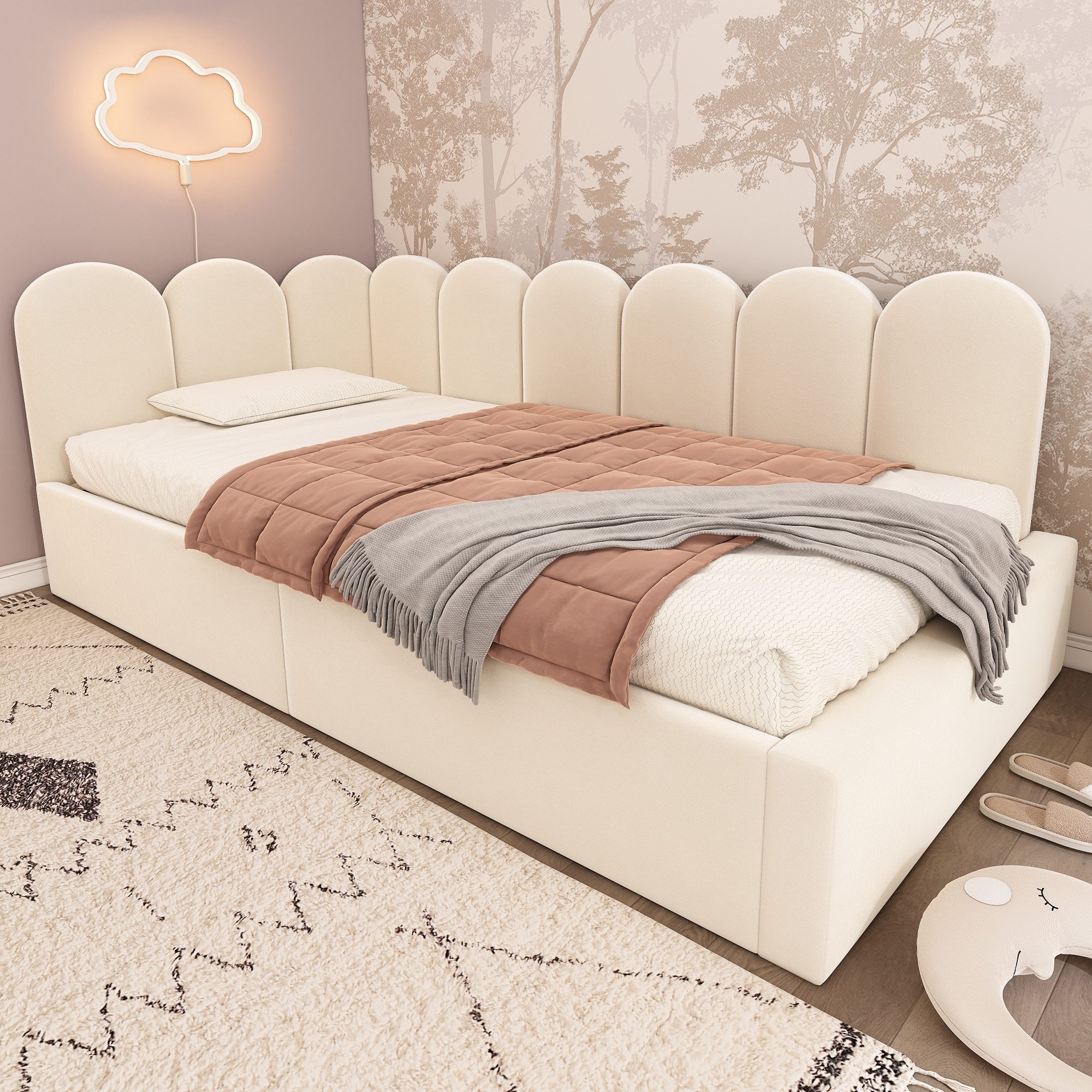 Odikalo Stauraumbett Kinderbett Polsterbett Tagesbett Schlafsofa Samt 90x200 Beige