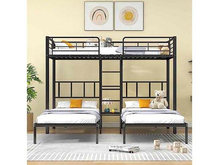 Moimhear Dreierbett, Dreifaches Etagenbett mit Leiter für Kinder und Jugendliche, Eisenbett mit Fallschutzgitter und Tisch, Schwarz (90x200cm*3)
