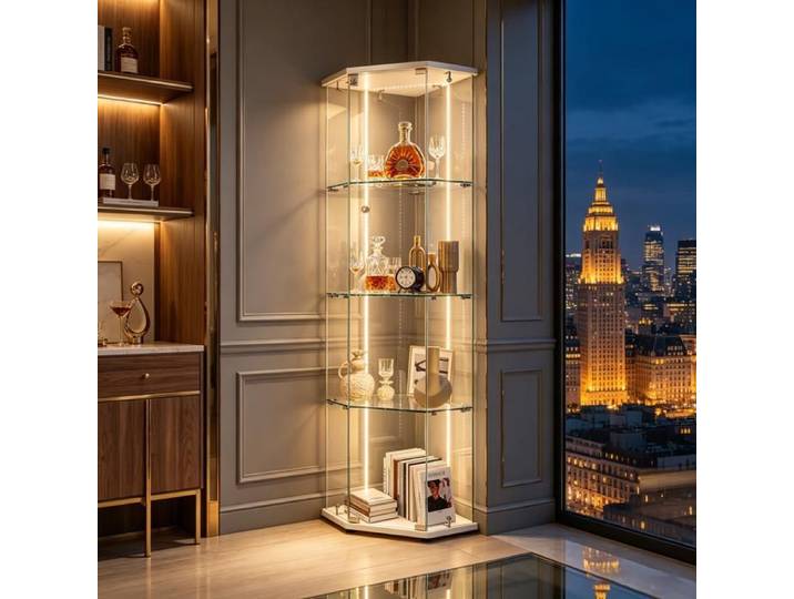 EZSSW Vitrine d'angle LED RGB avec serrure verre trempé étagères réglables vitrine de collection - blanc bandeau lumineux