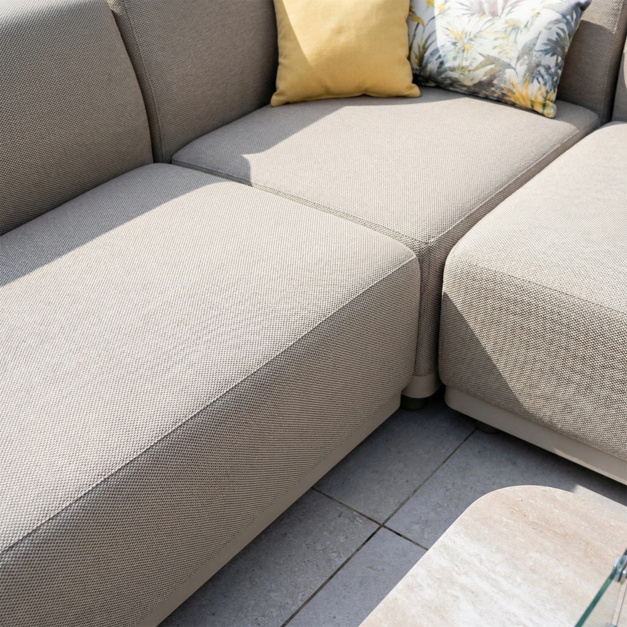 Harbour Lifestyle Luna Outdoor Fabric Large Corner Group Set with Firepit Coffee Table in Fawn