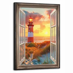 LEINWAND Bilder mit Rahmen - Aussicht - Fenster - Leuchtturm - Sonnenuntergang - Strand - 50x70