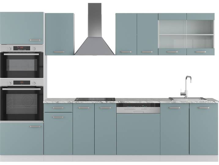 Küchenzeile Vicco R-Line Blau-Grau 300 cm mit Hochschrank, AP Marmor, Model 40999