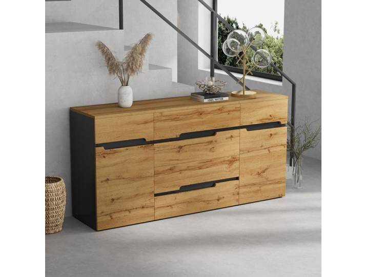 HOMVRA Buffet Vintage 160x40x80 cm Meuble de Rangement avec 2 Portes et 4 Tiroirs Noir et Naturel