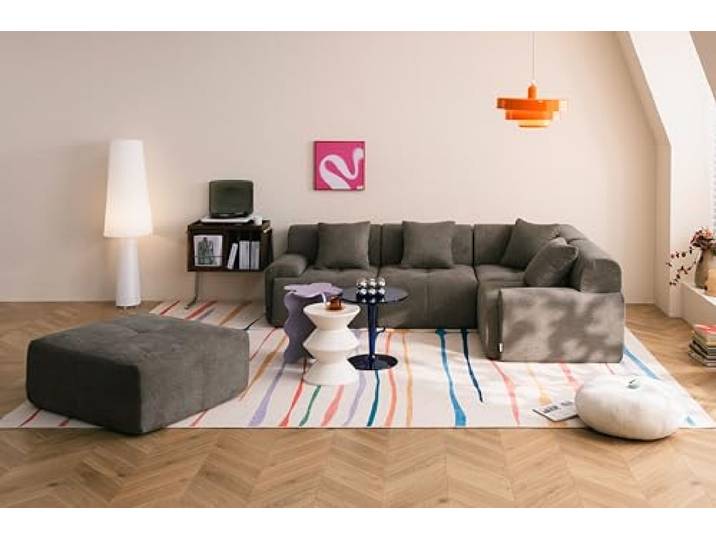 MILYsofa Modulares Ecksofa 4-Sitzer mit Ottomane, Chenille-Bezug Aschbraun, Abnehmbare Kissenbezüge (Aschbraun, 4-Sitzer mit Ottomane)