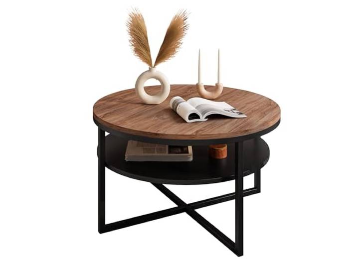 lukmebel Couchtisch rund - CIRI-X runder - Beistelltisch rund - Kaffetisch - Industrial Deko - Deko Wohnzimmer - Kleiner Beistelltisch - Sofatisch - Kleiner Tisch - Schwarz/Stirling Eiche