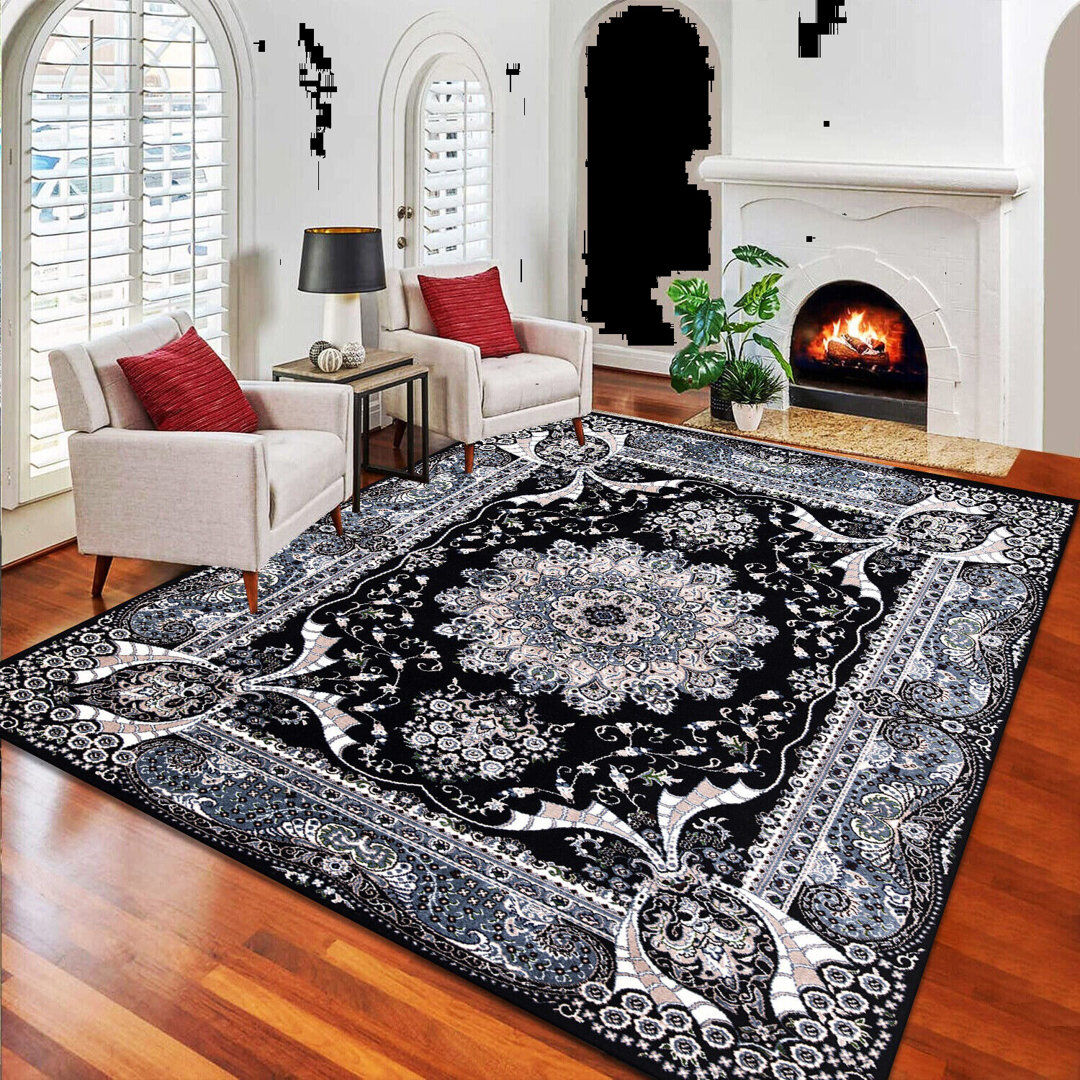 Latitude Vive Bentdahl Floral and Ikat Kilim Black Rectangle 240 x 320cm