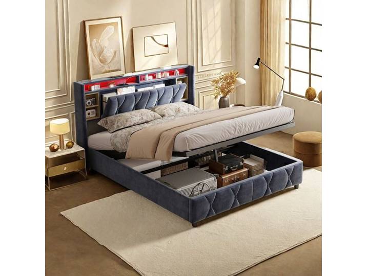 lit coffre 160x200 lit adolescent avec rangement 2 ports de recharge USB et bande lumineuse cadre de lit 2 personnes gris