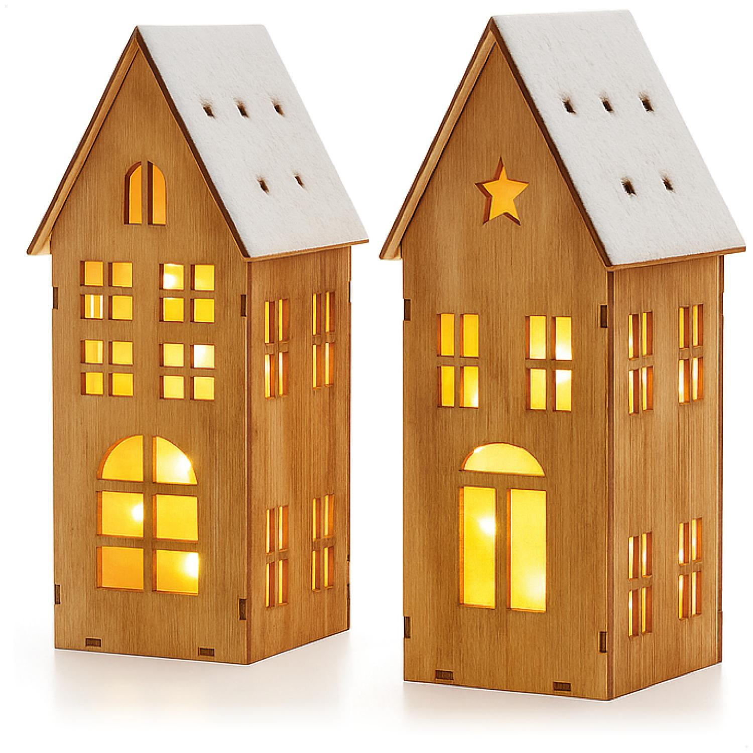 COM-Four Houten huisje met LED-verlichting en timer