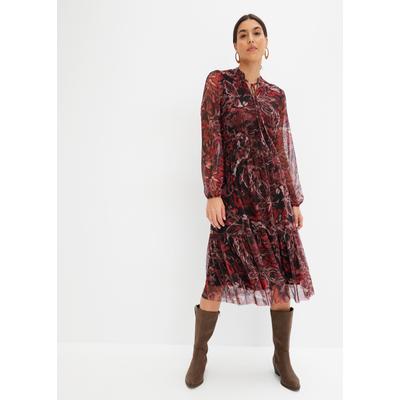 Midikleid BONPRIX, Damen, Gr. 40/42 (M), N-Gr, Langarm, rot (schwarz, rot bedruckt), Obermaterial: 96% Polyester, 4% Elasthan. Futter: 100% Polyester, ausgestellt, Kleider Midikleid, mit Volants-Detail, ausgestellt, feminin