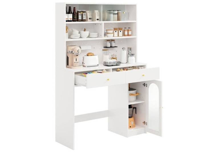Buffet armoire haute blanc 120x45x180cm multifonction avec plan de travail fonction bar barre à crochets étagère réglable