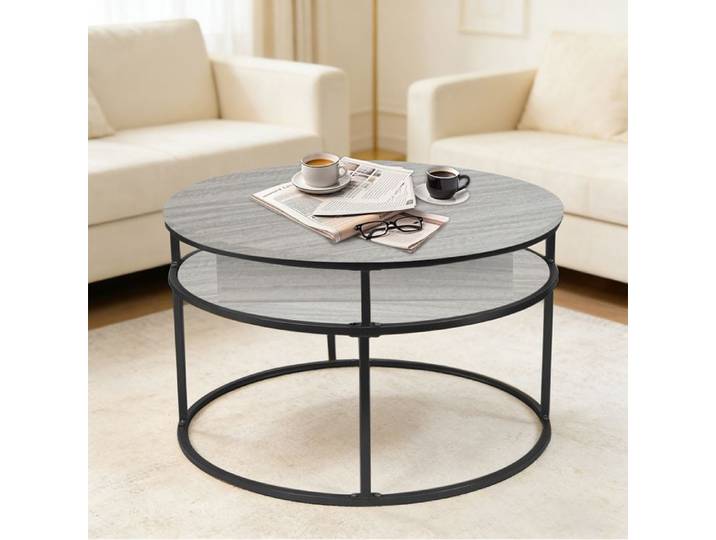 SUPFINE Table Basse Ronde avec Couvercle Rabattable Bois d'ingénierie Relevable Table de Salon en Métal 60×60×47cm Gris Clair