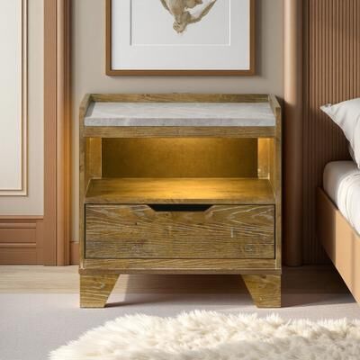 ZWYO HOSIMU "23""H Nightstand with Solid Rubber Wood, LED Light & USB Port, Drawer Storage Cabinet with Metal Glide, Bedroom Bedside Table"