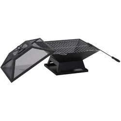 MODFU Feuerschale Stahl Schwarz 45x45x34 cm mit Grillrost, Funkenschutz und Schürhaken